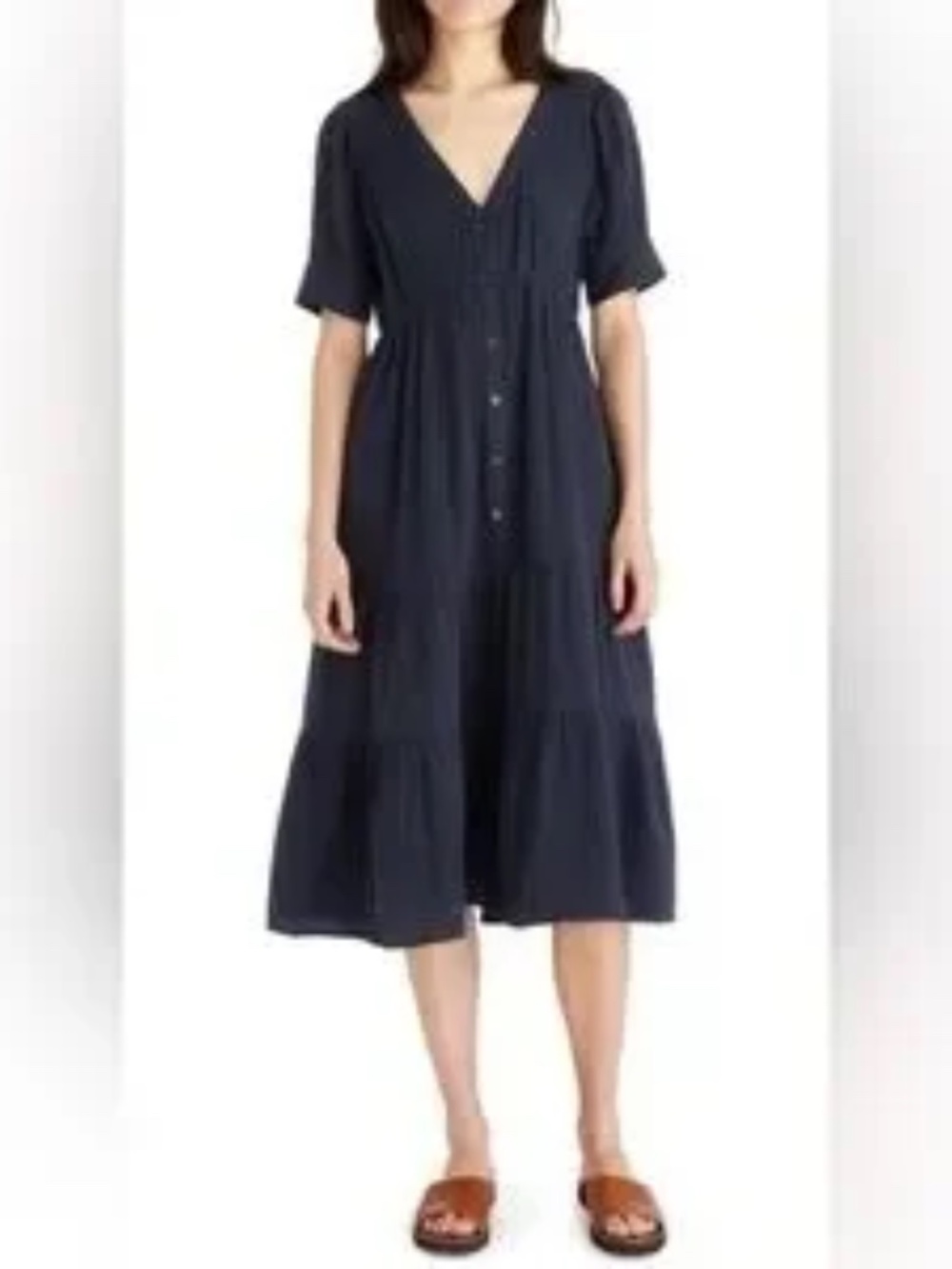 Lightspun Button Front Tiered Midi Dress Madwell Black / Deep Blue With Pockets